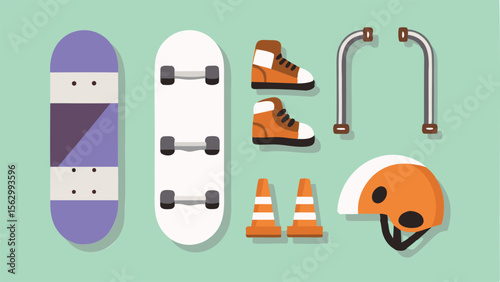 Illustration showcasing two skateboards, shoes, rails, cones, and a helmet on a light green background