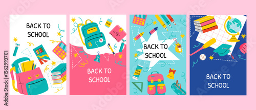 Stationery and school essentials trendy posters. Colorful back to school designs with notebooks, backpacks, and other supplies.