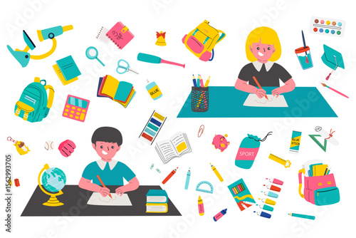 Young caucasian students engaged in classroom activities with school supplies. Elementary school items and stationery. Vector flat illustration. Back to school clip arts, design elements.