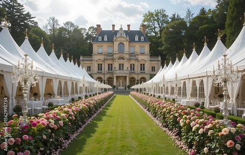  Paris chateau garden wedding with symmetrical white tents, rose-lined aisles, and crystal candelabras.

