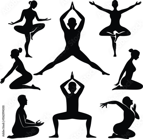 Silhouettes of women in various yoga and fitness poses, perfect for vector illustrations of health and sport