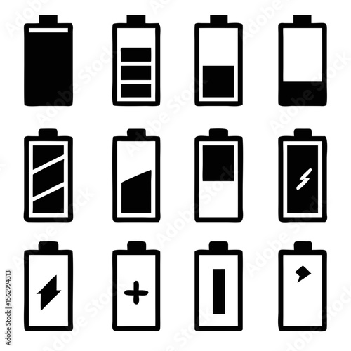 Battery icons set. Battery level and indicator related different styles vector icons.
