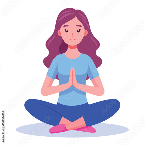 A cartoon vector illustration of a woman in a lotus yoga pose, perfect for health and relaxation