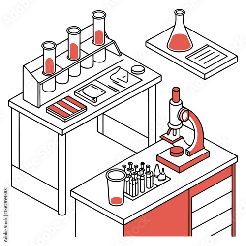 Isometric illustration of a science laboratory setup featuring test tubes in a rack a microscope flasks and various other scientific equipment on lab benches