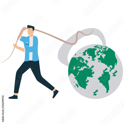 Exhausted Businessman Pushing Heavy Debt Globe