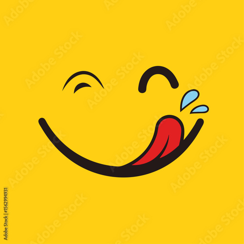 Yummy face smiley icon delicious with tongue lick mouth, tasty food eating emoticon face on yellow background, tasty emoji with saliva drops, smile vector cartoon line style