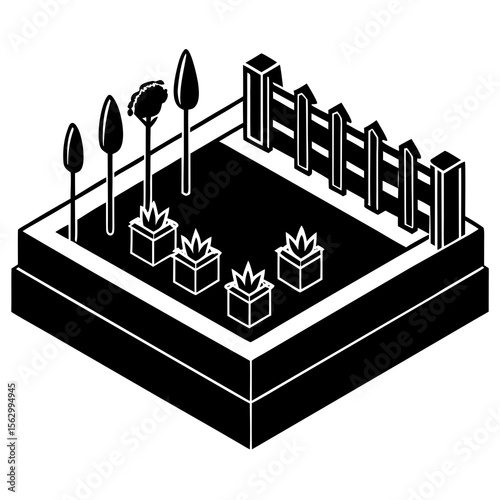 An isometric view of a small garden with flower beds, vegetables, a wooden fence, and garden tools.

