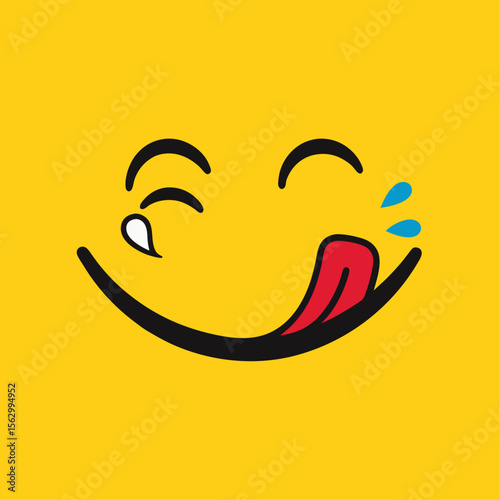 Yummy face smiley icon delicious with tongue lick mouth, tasty food eating emoticon face on yellow background, tasty emoji with saliva drops, smile vector cartoon line style