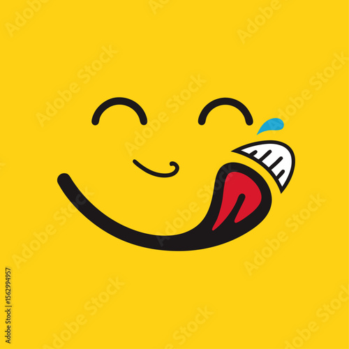 Yummy face smiley icon delicious with tongue lick mouth, tasty food eating emoticon face on yellow background, tasty emoji with saliva drops, smile vector cartoon line style