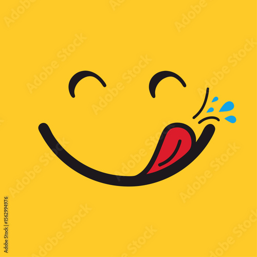 Yummy face smiley icon delicious with tongue lick mouth, tasty food eating emoticon face on yellow background, tasty emoji with saliva drops, smile vector cartoon line style