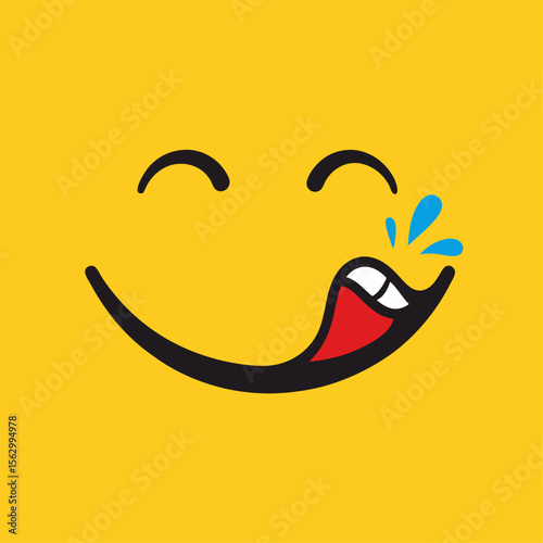 Yummy face smiley icon delicious with tongue lick mouth, tasty food eating emoticon face on yellow background, tasty emoji with saliva drops, smile vector cartoon line style