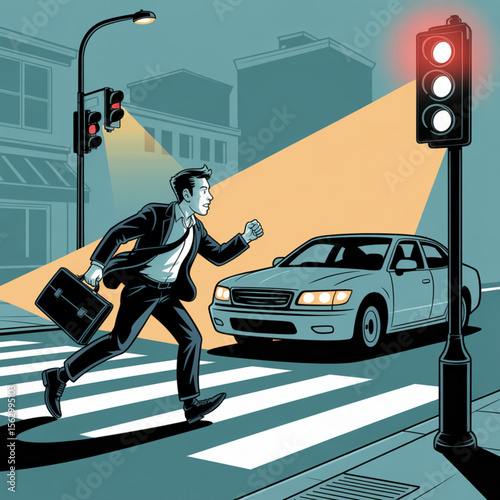 Traffic Safety Warning: Man Crossing Against Red Light in City Street