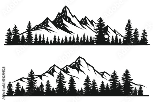 Black silhouette mountain range with pine trees landscape graphic mountains peak
