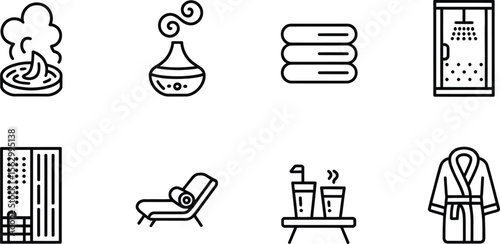 Spa and Wellness Icon Set Featuring Sauna, Aromatherapy, Towels, Shower, Robe, and Relaxation Elements