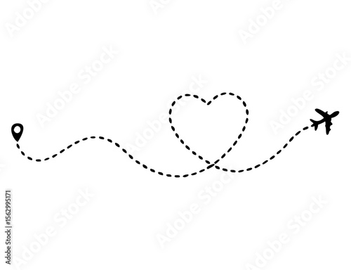 Love airplane route. Romantic travel, heart dashed line trace and plane routes. isolated vector illustration