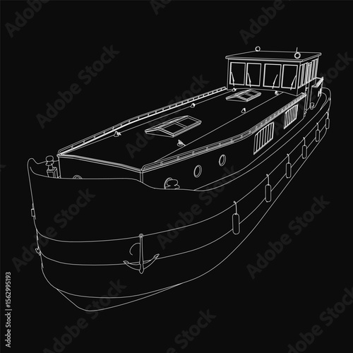A black and white boat drawing features intricate details of the hull, windows, and structural elements on a dark background. The monochrome style emphasizes clean lines and shading for a striking.