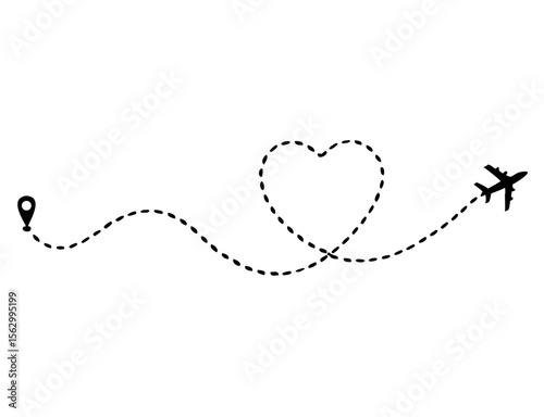 Love airplane route. Romantic travel, heart dashed line trace and plane routes. isolated vector illustration