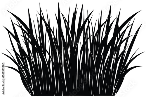 Black silhouette of dense grass blades on white background clump