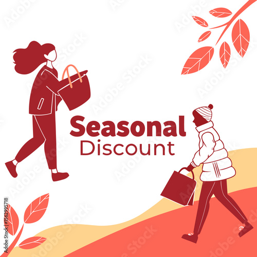 Two stylized people with shopping bags walking towards a seasonal discount sale with autumn leaves and warm color background