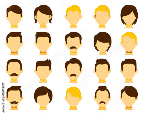 hair styling icons for woman and man. with different hairstyles and color