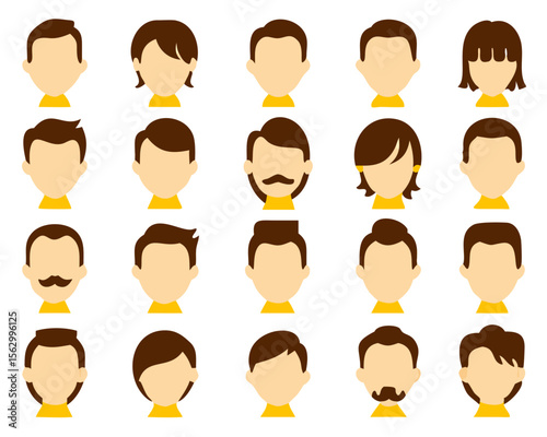 hair styling icons for woman and man. with different hairstyles and color