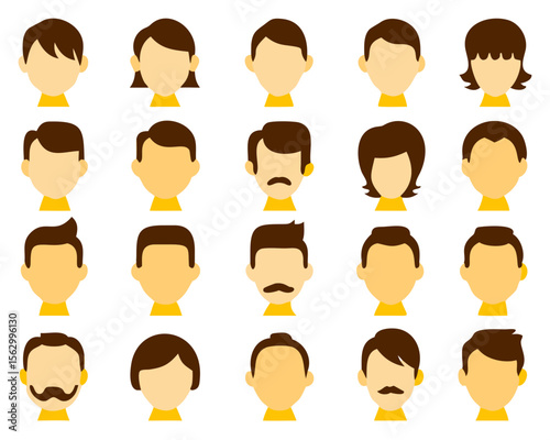 hair styling icons for woman and man. with different hairstyles and color