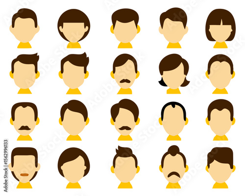 hair styling icons for woman and man. with different hairstyles and color