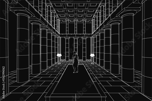 A lone man walks through a grand hallway lined with towering black and white pillars, illuminated by soft lights on both sides. The architectural columns create a striking perspective.