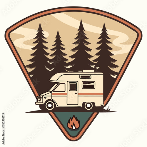 Vintage rv camper van parked in a forest with a campfire emblem