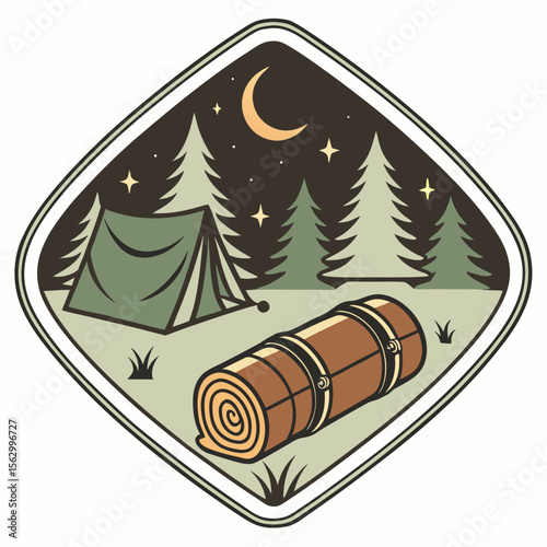 Nighttime forest camping scene with tent sleeping bag and starry sky