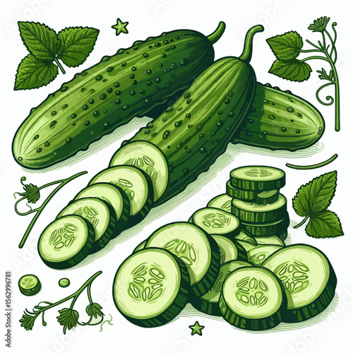 Graphic illustration of two whole cucumbers and slices of cucumbers with accompanying fresh herbs and small flowers, arranged on a white background.