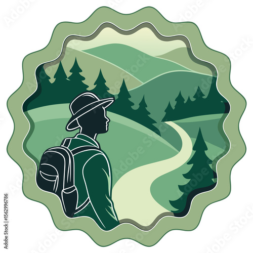 Silhouette of a hiker with a backpack looking at a winding path through green hills