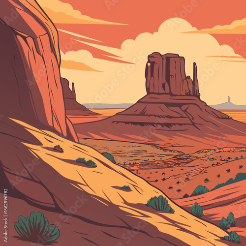 Stylized illustration of monument valley with dramatic rock formations and desert landscape