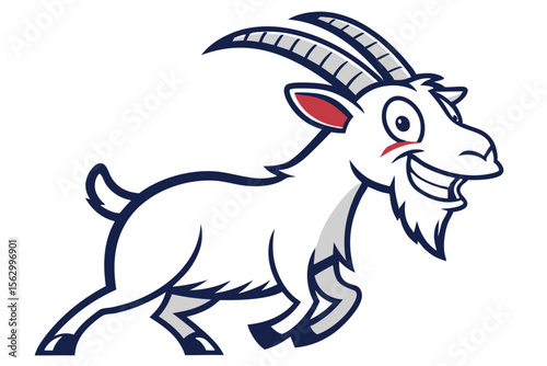 Cartoon goat running playfully with a smile, white coat, and prominent horns showcases motion