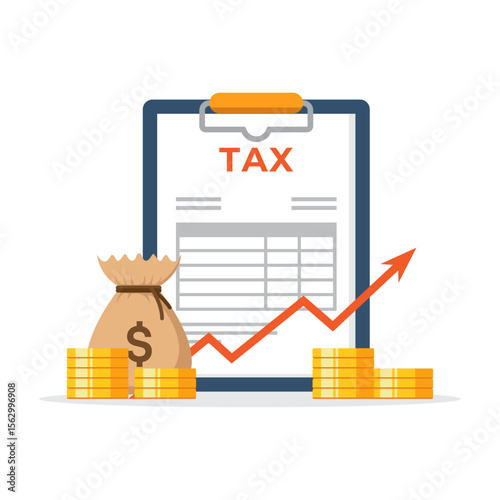 Vector illustration of Tax Document with Growth Arrow and Money Icons.