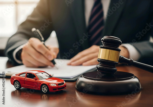 Auto Accident Law Concept with Red Toy Car and Gavel on Lawyer's Desk