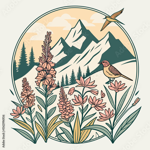 Stylized mountain landscape with wildflowers and birds in a circular frame