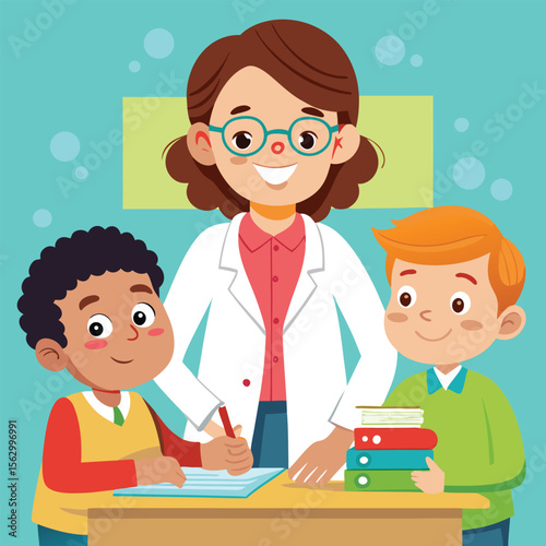 Cartoon vector illustration of pupils and children in a classroom with a teacher, smiling and having fun with books