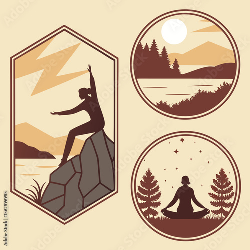 Woman practicing yoga and meditation in serene natural landscapes