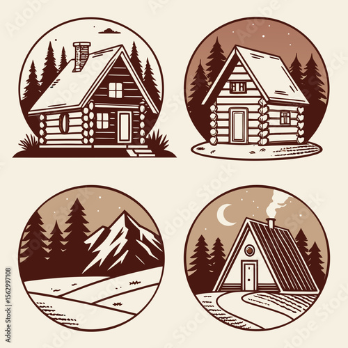 Collection of vintage style mountain cabins and scenic landscapes in circles
