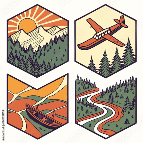 Four hexagonal badges featuring outdoor adventure scenes with a retro style