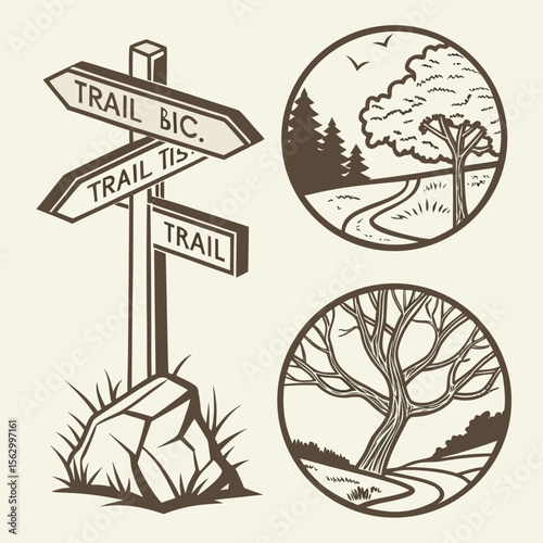 Vintage style illustration of a trail signpost with multiple directional arrows and circular nature scenes