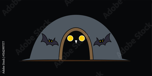 Spooky Halloween night with a black cat and bats silhouetted against a full moon in a haunted house stained glass window illustration