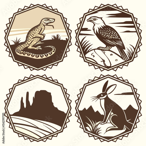 Desert wildlife and landscape icons featuring a lizard eagle butte and rabbit