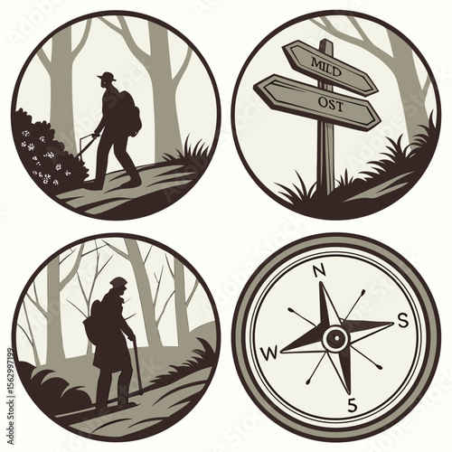 Vintage style circular icons depicting hiking and navigation in a forest setting
