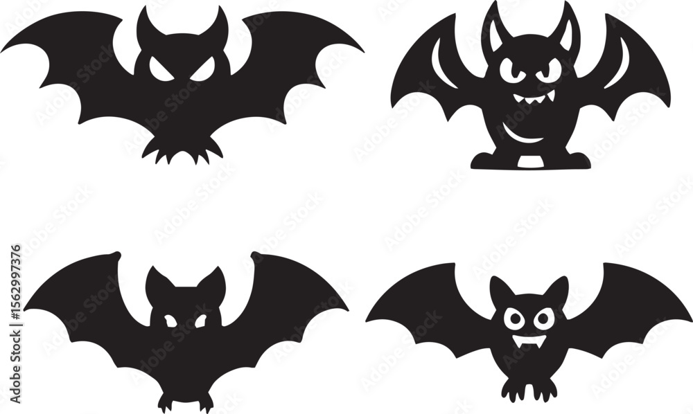 Fototapeta premium Cartoon Bat Silhouette Vector Set for Halloween and Spooky Designs
