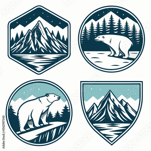 Collection of arctic nature emblems featuring polar bears and majestic mountains