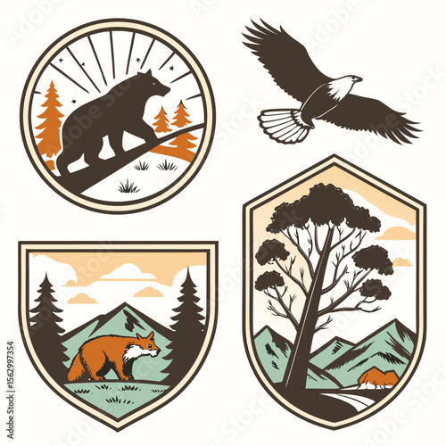 Collection of vintage style nature emblems featuring wildlife and landscapes