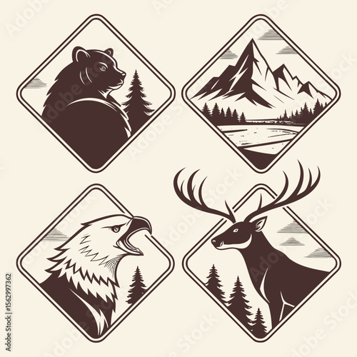 Four vintage style diamond emblems featuring wildlife and mountain landscapes