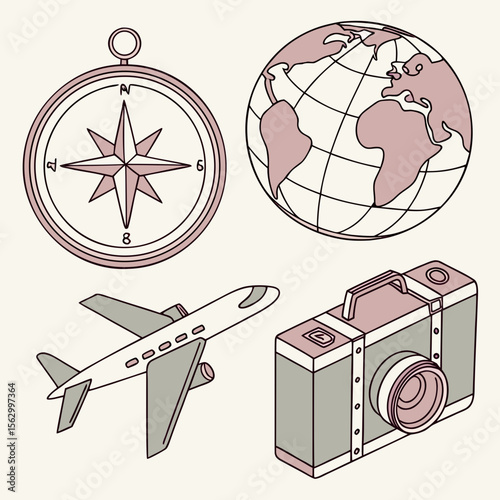 Travel icons including a compass globe airplane and camera on a light background